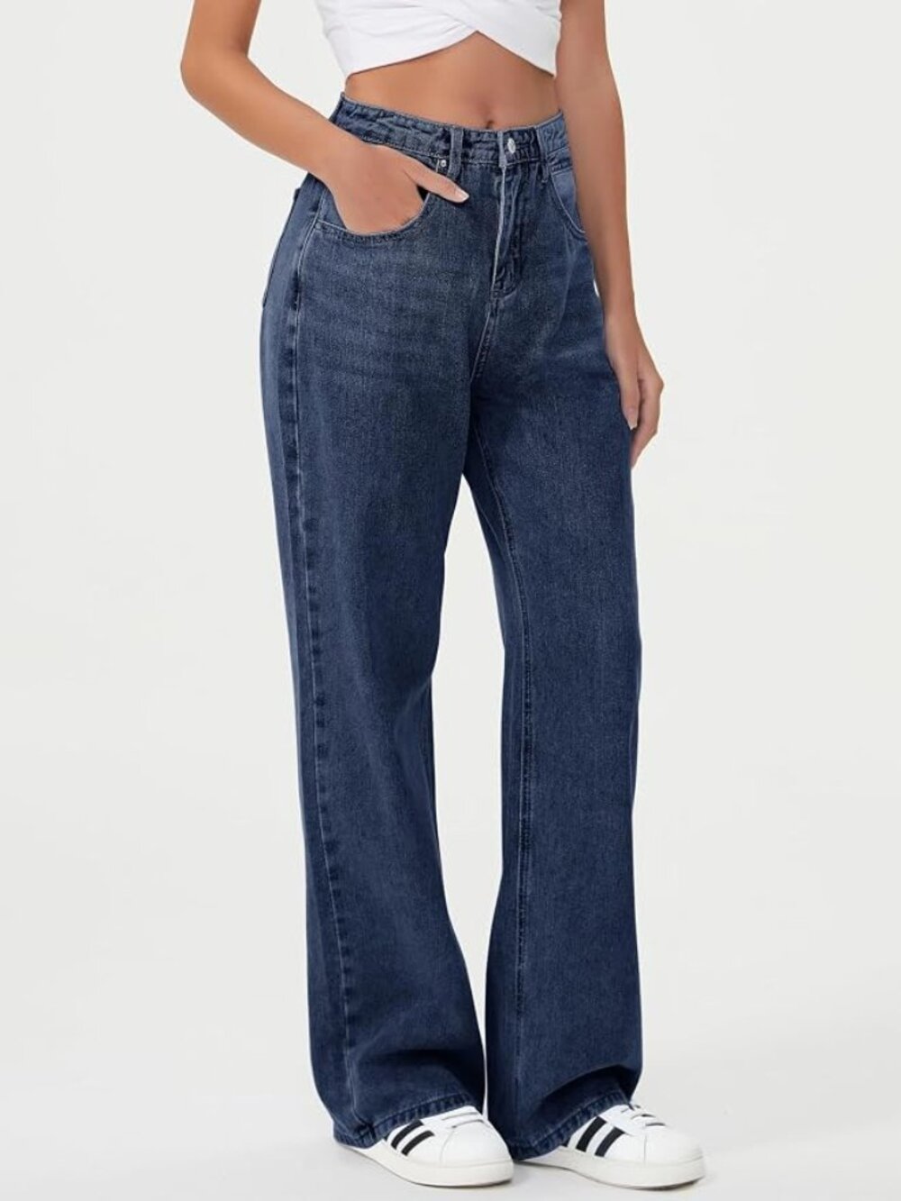 HDLTE High Rise Wide Leg Dark Blue Jeans Women's Small Stretch Boyfriend Denim
